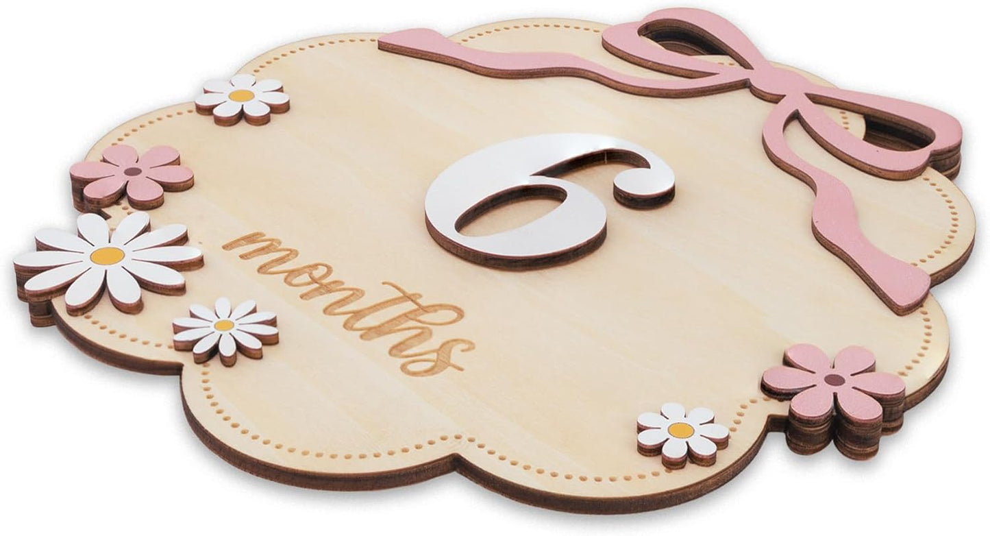TTMerriwood Set 112 Wooden Baby Monthly Milestone Sign with Pink Bow, Month Cloud Shape Photo Prop, Floral Baby Girl