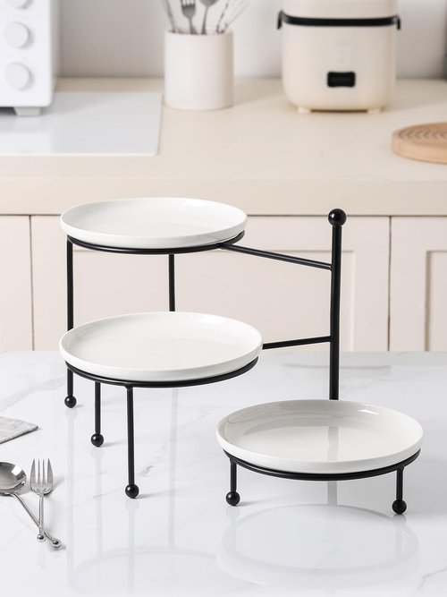 Kanwone 3 Tiered Serving Stand with White Porcelain Plates, Tiered Tray Stand, Dessert Table Display Set, 8" x 8" Tier Serving Trays with Black Metal Stand for Entertaining, 3 Tier Dessert Stand