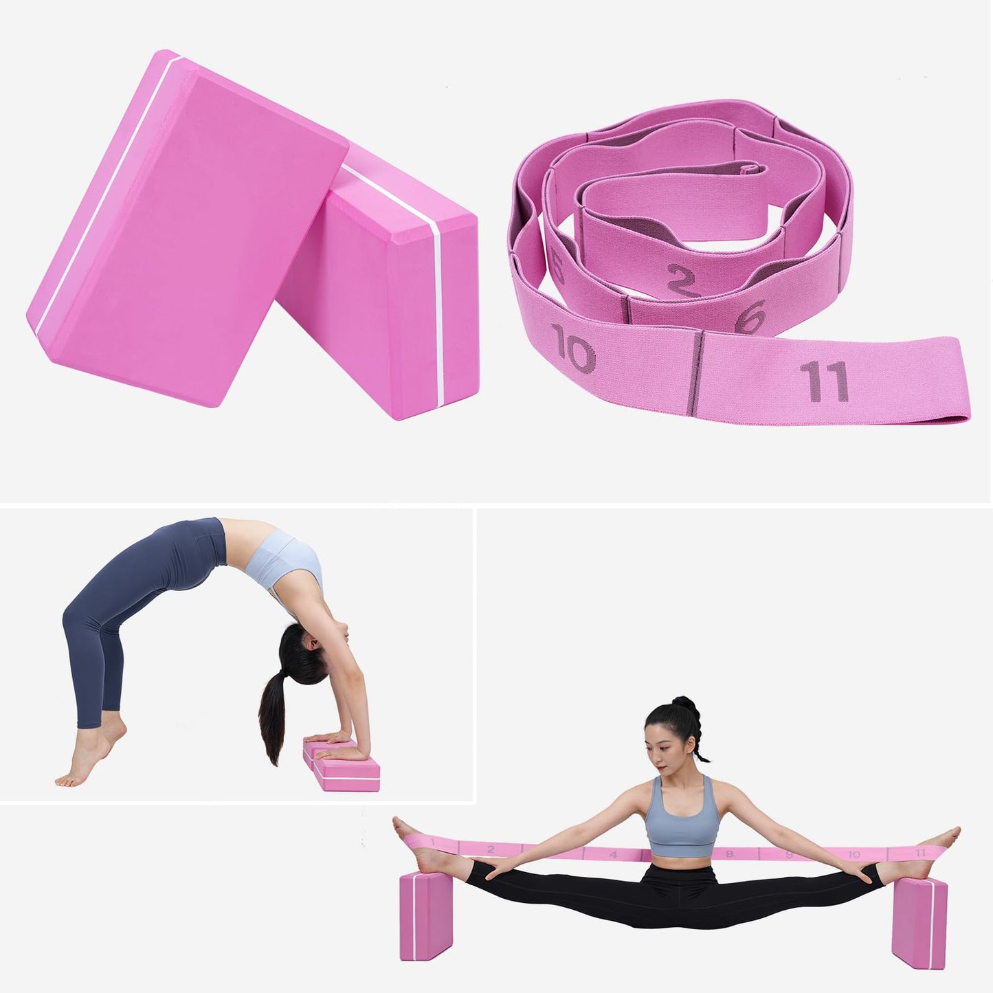 Yoga Blocks 2 Pack with Stretch Strap & Bag – High Density EVA Foam Yoga Block Set, Non Slip Bricks with 11 Loop Strap for Yoga, Pilates, Stretching, Fitness & Rehab (Pink Brick & Pink Band)