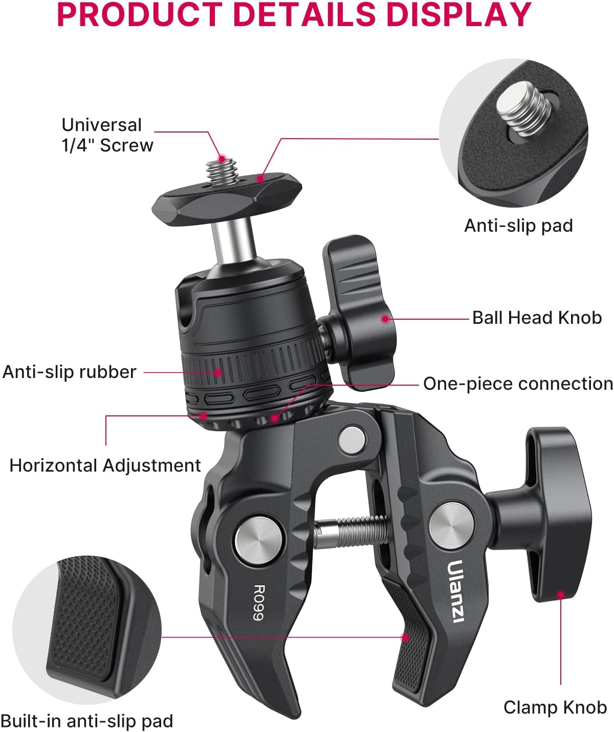 ULANZI Select R099 3.3lb 360 (GoPro/Insta360/DJI), ULANZI Super Clamp Camera Mount - Heavy Duty Load Metal Clamp