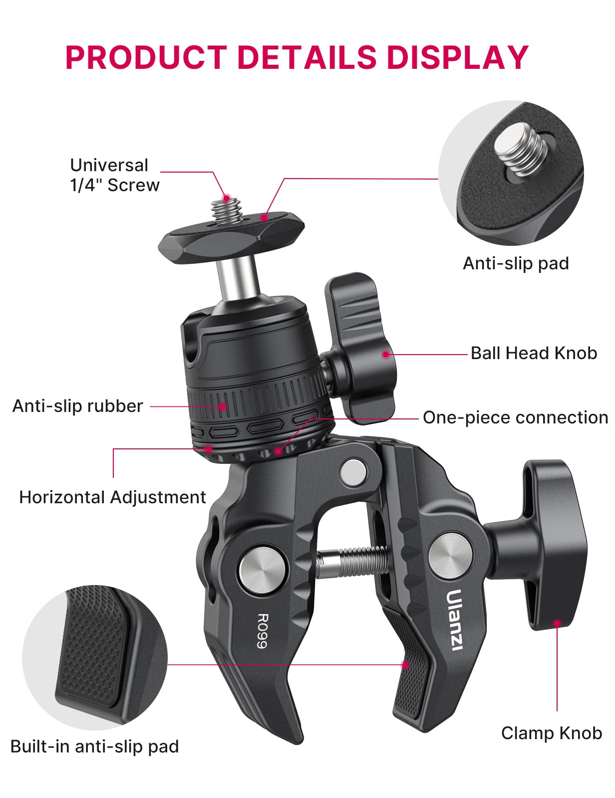 ULANZI R099 Super Clamp Camera Mount - Heavy Duty 3.3lb Load Metal Clamp with 360° Ball Head for Action Cameras (GoPro/Insta360/DJI), DSLR, Bike/Motorcycle Handlebar, Pole/Tube Mount Accessories