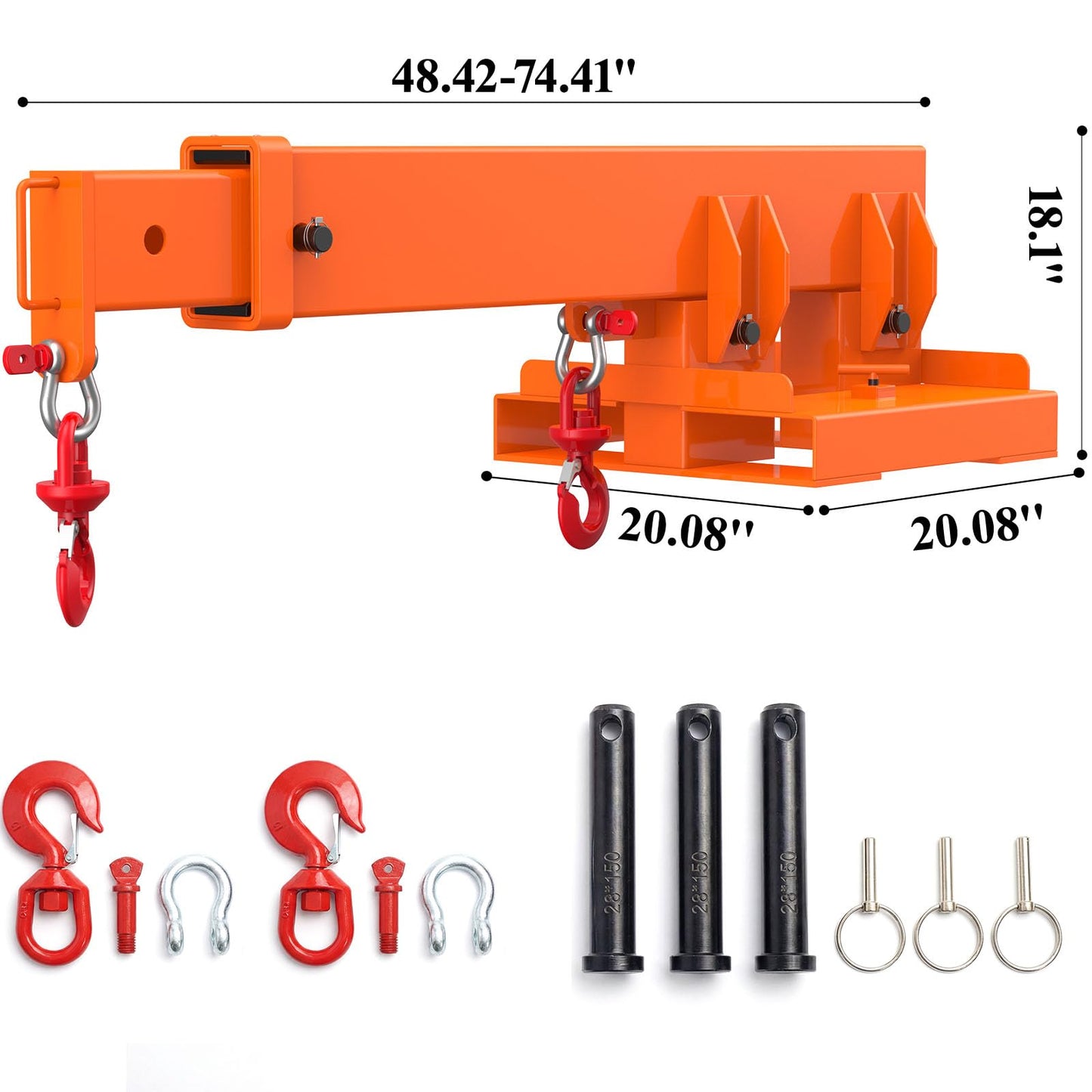 Jib Crane 5511 Lbs Forklift Boom Lift Fork Mounted Crane Attachment with Adjustable Holes Heavy Duty Steel Construction 2 Swivel Hooks 3 Angle Adjustment 28”to 79.92”