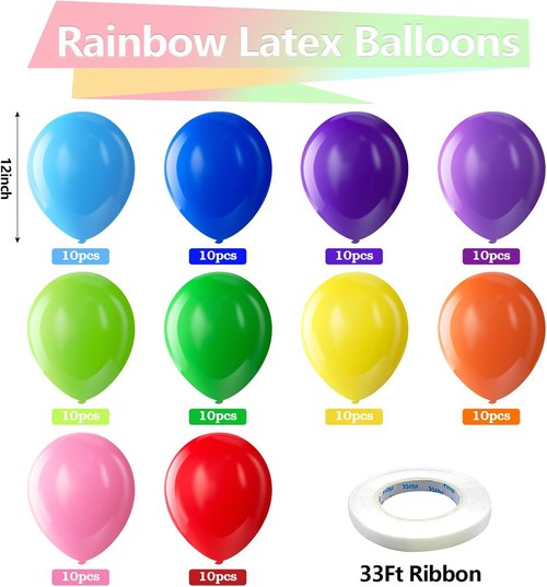 Bezente Rainbow Latex Balloons - 100 Pack with Adjustable 6.6ft Balloon Column Stand Set of 4