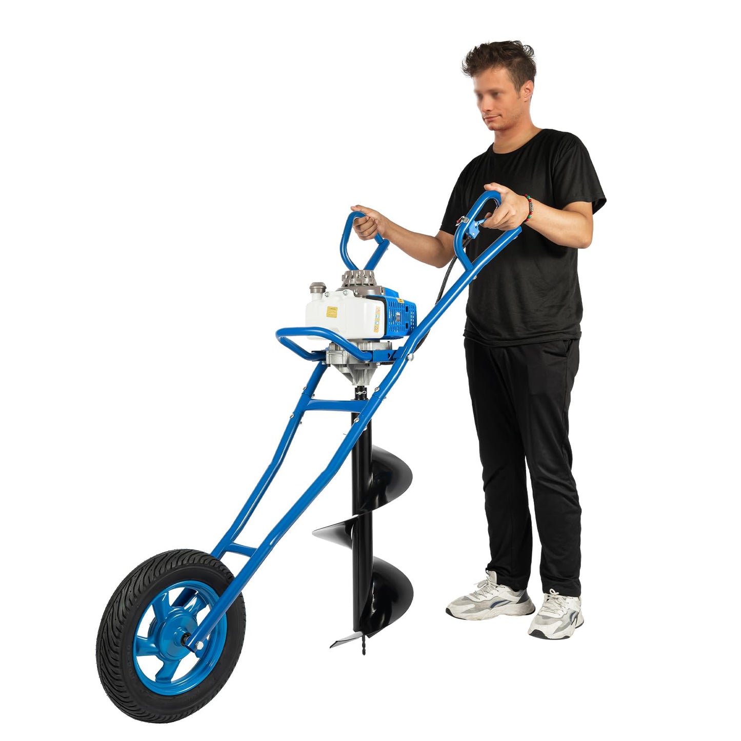 63CC 2-Stroke Post Hole Digger, 3HP Gas Powered Earth Auger Borer Ground Drill Gasoline Earth Auger Wheelbarrow with 11" Bit for Fence Ground Drill Garden Tree Planting (Blue)