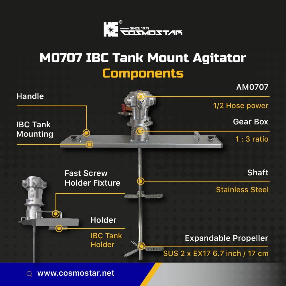 COSMOSTAR M0707 Pneumatic Agitator IBC Mount for IBC Tank, equipped with 3:1 Gear Box, SUS Shaft and Propellers, Paint Stirring Machine, Bracket Air Agitators(M0707-IBC-SUS200-EX12S17-GB3)