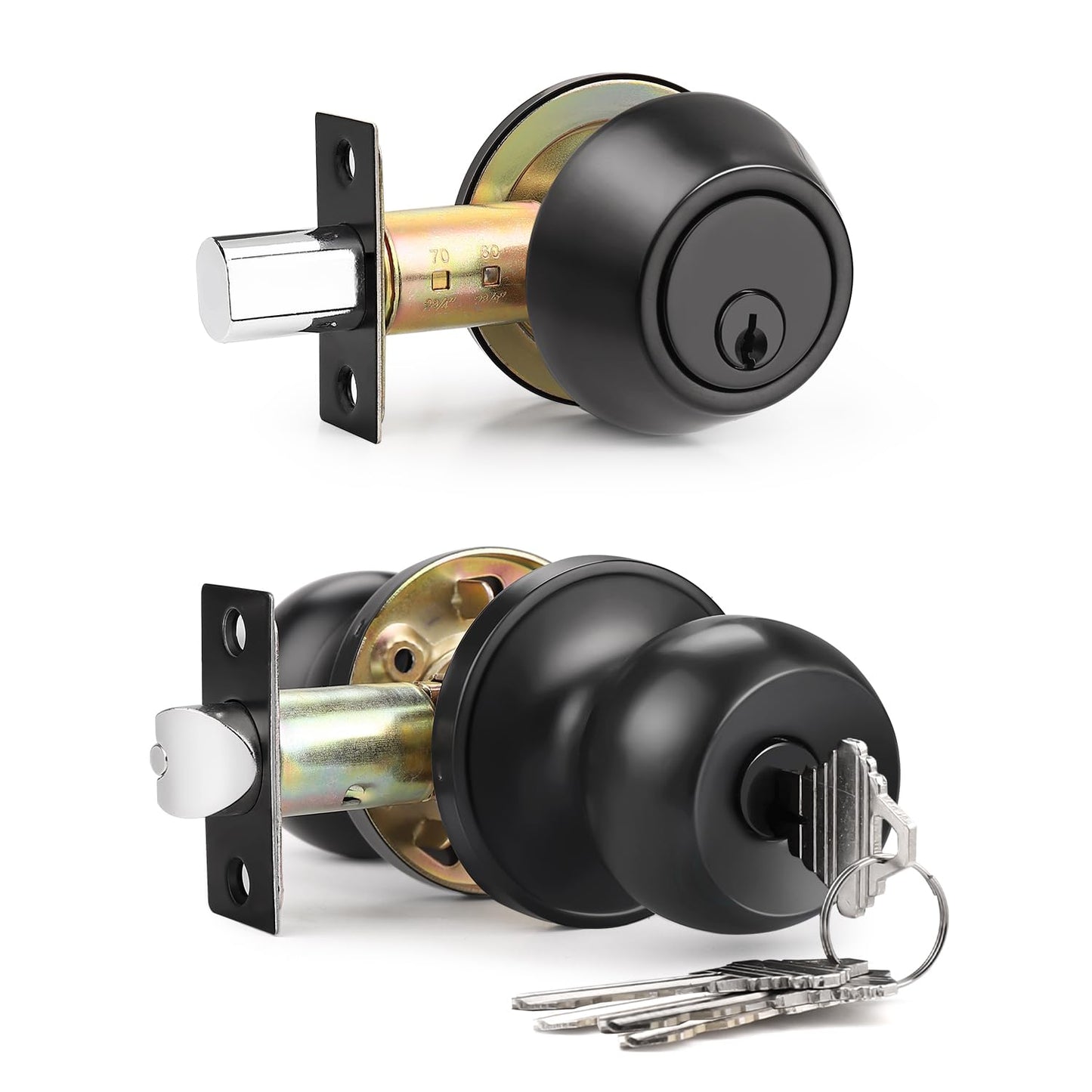 Brotima 1 Pack Entry Door Knob Lockset and Single Cylinder Deadbolt Combination Set in Matte Black Finish, Keyed Alike Exterior Knob Lock and Deadbolt for Front Door and Outside Gate