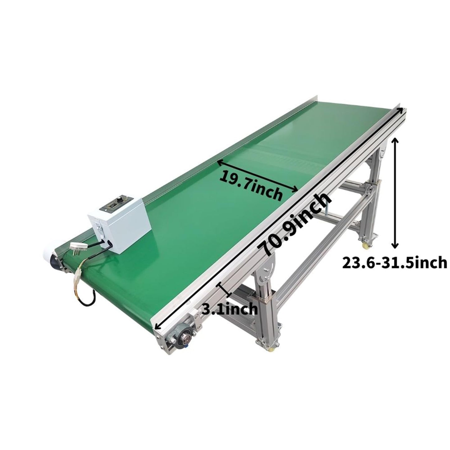 Yokoma PVC Conveyor Machine Belt Adjustable Speed Flat Conveyor Belt Systems on Wheels 70.9inch*19.7inch Aluminum 120W 110V Green