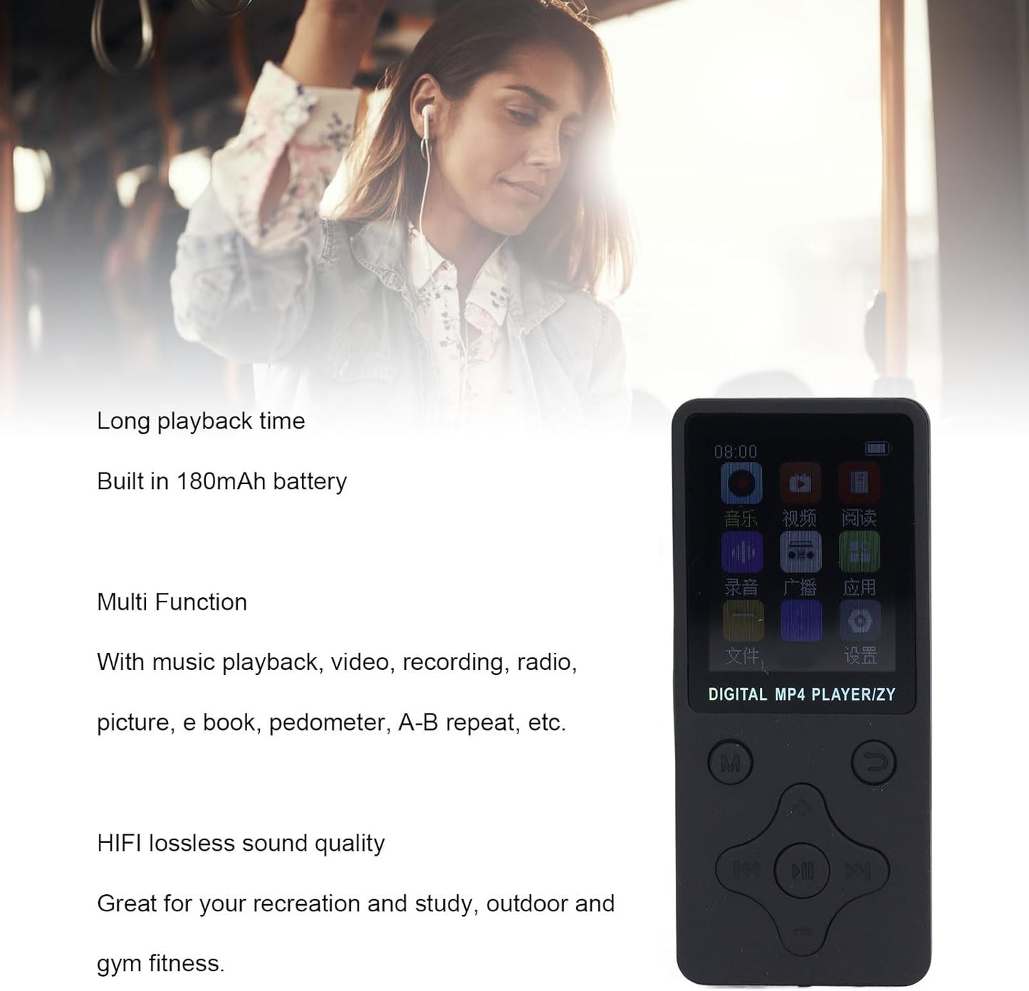 Yunseity 64GB MP3 1.8 Inch Mp4 Mp3 Player with BT and, LCD Screen Player with Spotify, HiFi Lossless Portable HiFi