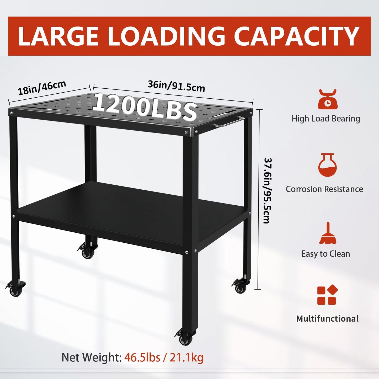 Welding Table Welding Cart 36”×18”, 1200lbs Load Capacity Industrial Workbench with 5/8" Holes Fixture Table with Wheels