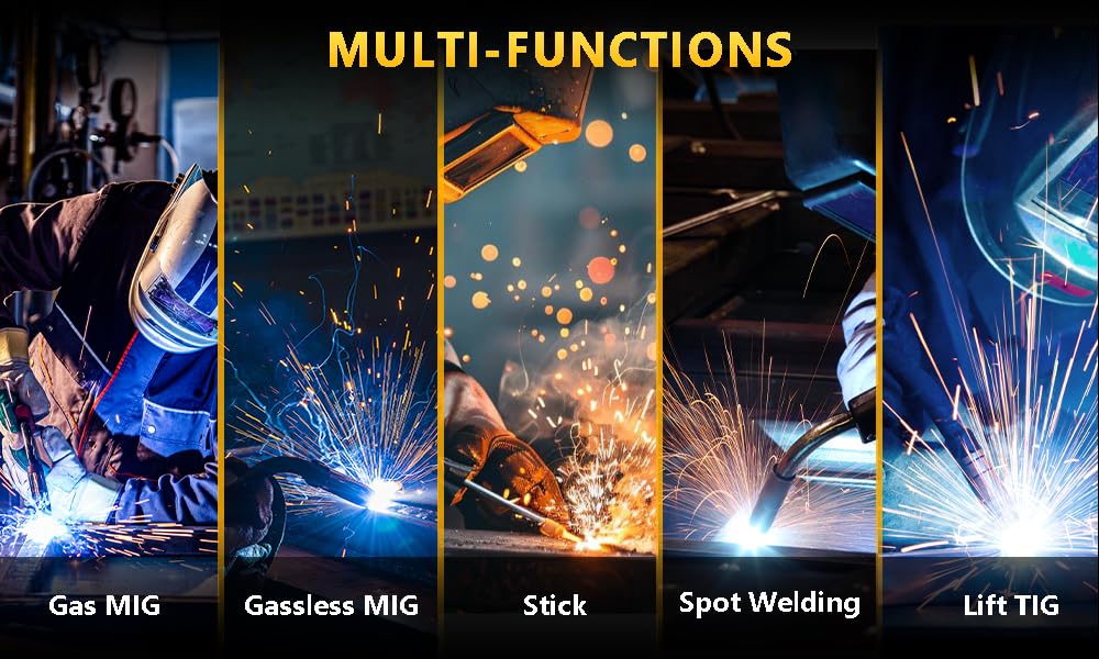 MYCASS 250A MIG Welder,5 in 1 Gas MIG/Gasless Flux Core/Stick/Lift TIG/Spot Welding/Spool Gun Compatible Aluminum Welding Machine Large LED Display 110V/220V Multi Process Welder