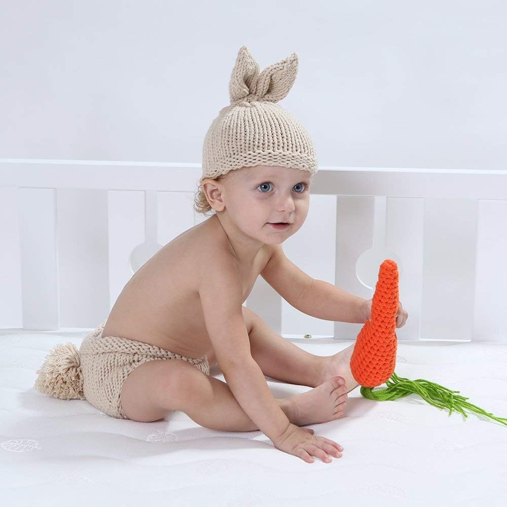 1st IDOPIP Newborn Baby Easter Bunny Photography Props Costume Boy Girl Crochet Knit Rabbit Hat Diaper Carrot Birthday