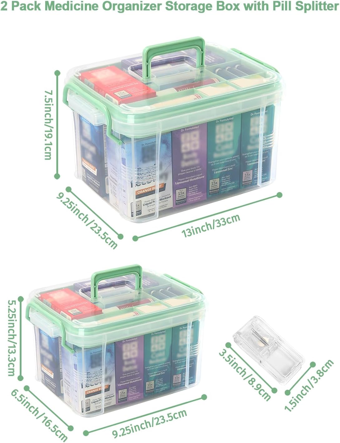 Skiennix Medicine Organizer Storage Box - 2 Pack Clear Portable Pill Splitter & First Aid Kit
