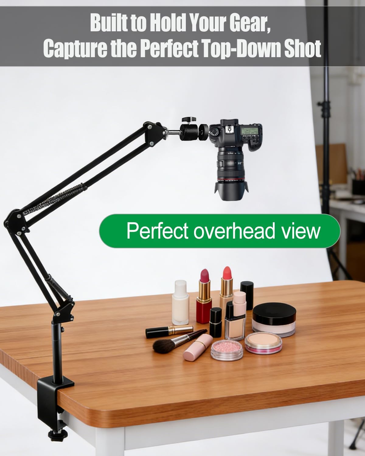 MQHXUY Overhead Camera Mount for Desk, Heavy Duty Adjustable Arm Stand for Phone Webcam DSLR Ring Light