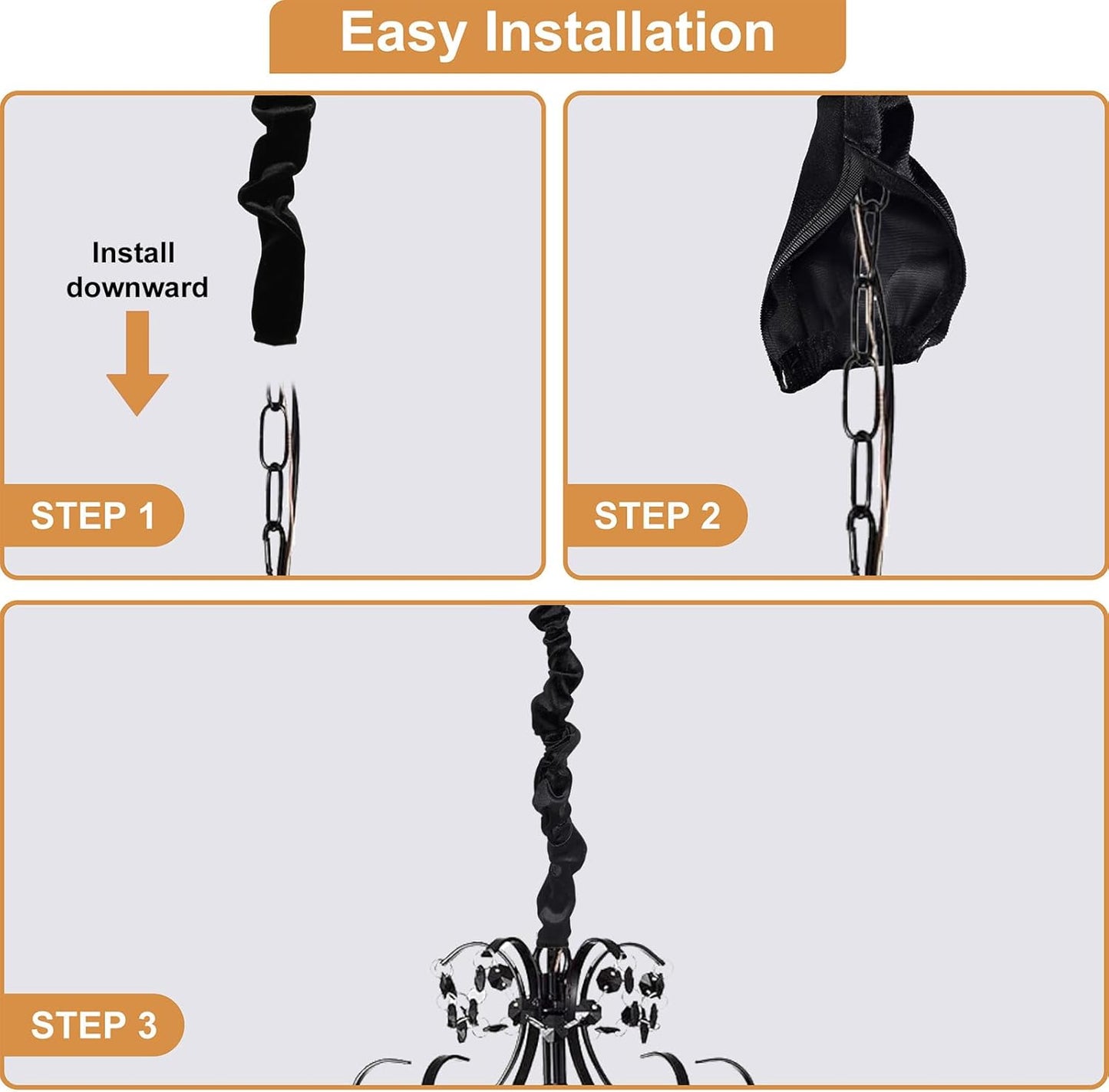 Antique House 2 Pack 3.28 Chandelier Chain Cover Touch Fasteners Black Feet Brushed Polyester Fabric Chain Sleeve