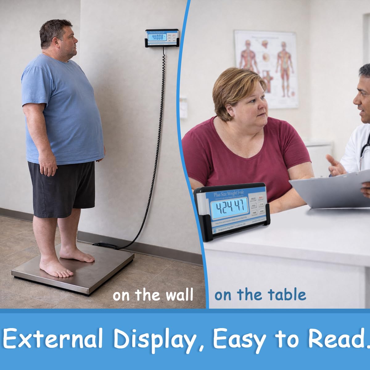 Extra Wide Heavy Duty Scale for Body Weight, 300kg/660 Lb Bariatric Scale w. Wall Mount External Digital Display, for Plus Size Person, Elderly, Doctor Office