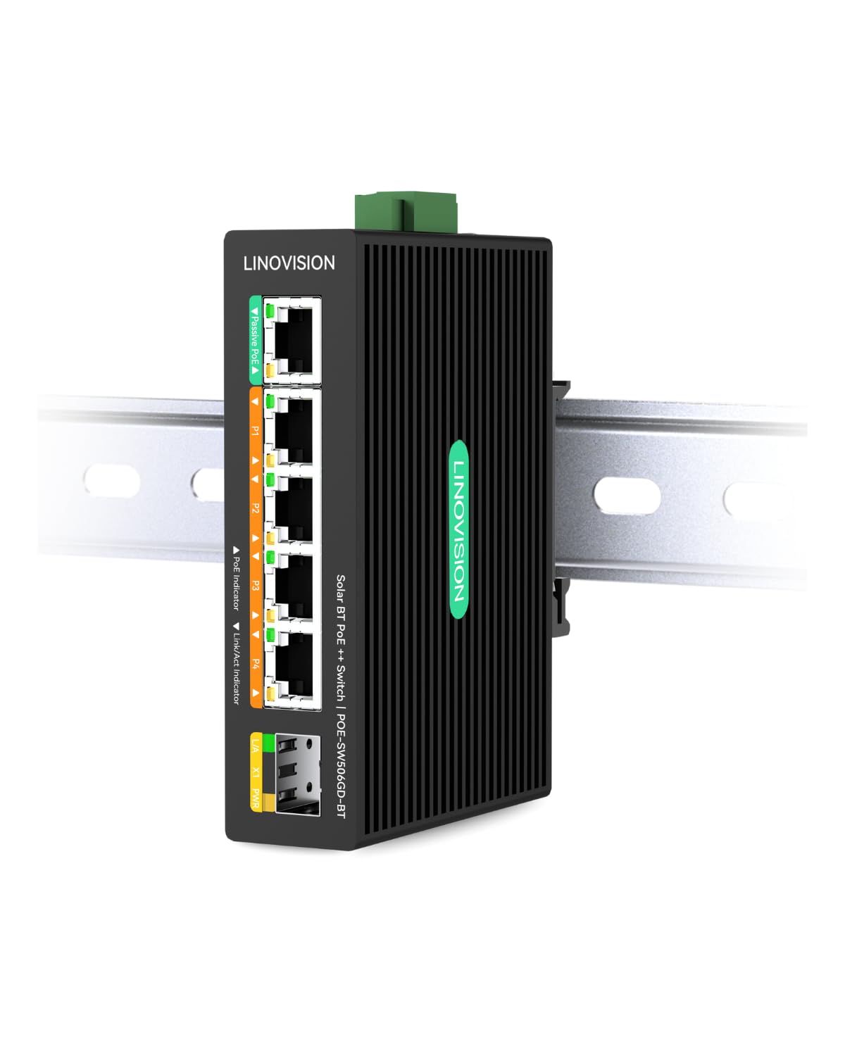 LINOVISION Industrial 5 Ports Full Gigabit DC12V PoE++ Switch for Solar or RV UPS System, Supports DC 9~54V Input, 4 BT90W PoE++ Ports for PoE Lighting and 1 Passive 24V PoE Port for Access Points