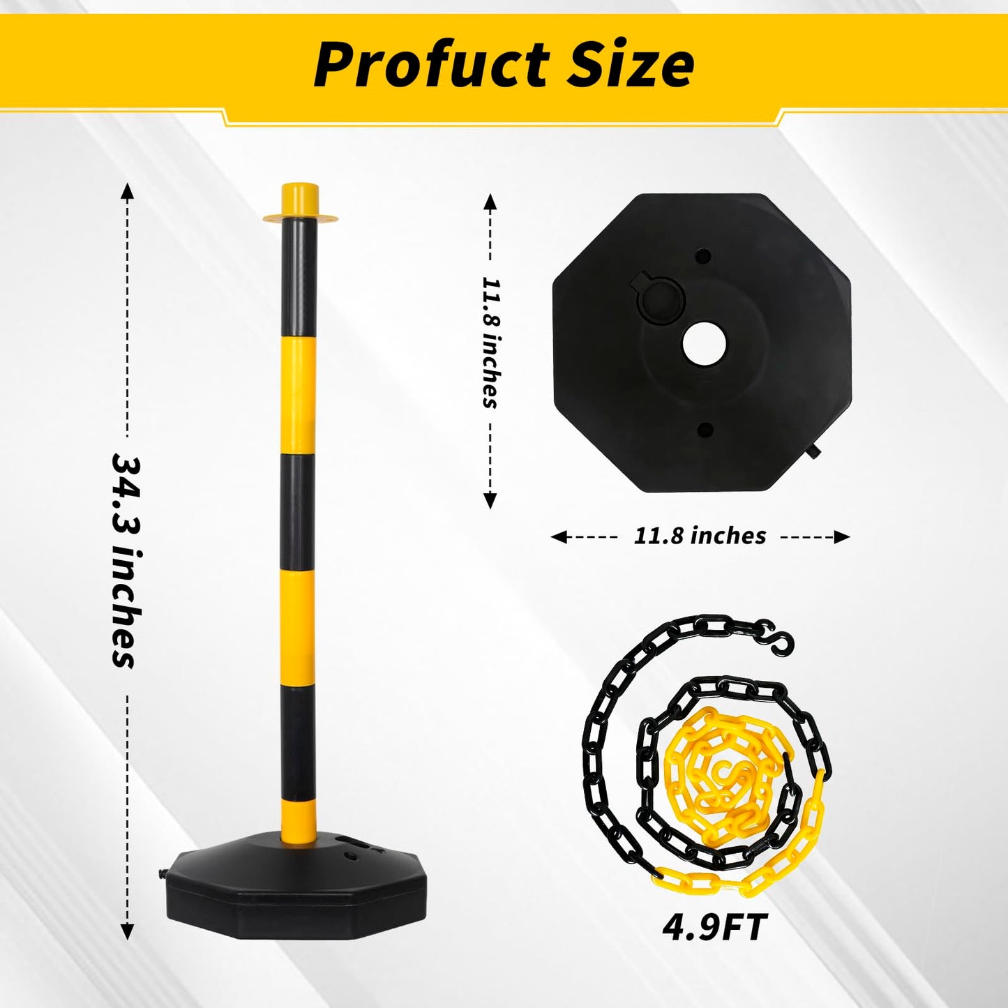 SHAREWIN Parking Delineator Stanchion with Base - 10 Pack 35" Post Traffic Cone, Reflective Collar Black, Yellow - Chain Barriers for Construction, Crowd Control, Events, Road Warning