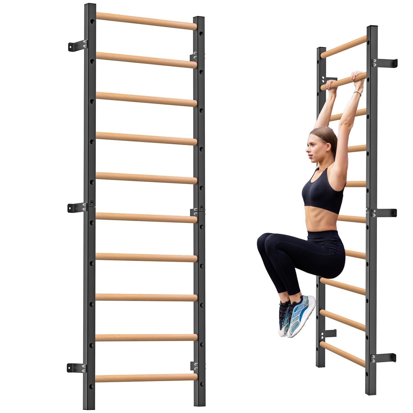 Kipika Gymnastic Wood Stall Bar - 2"x2" Swedish Ladder with 1" Hole, Wall Mounted Ladder Suspension Trainer, Solid Wood Grips Gymnastics Training Bar for Home, Wall Gym, School & Clinics