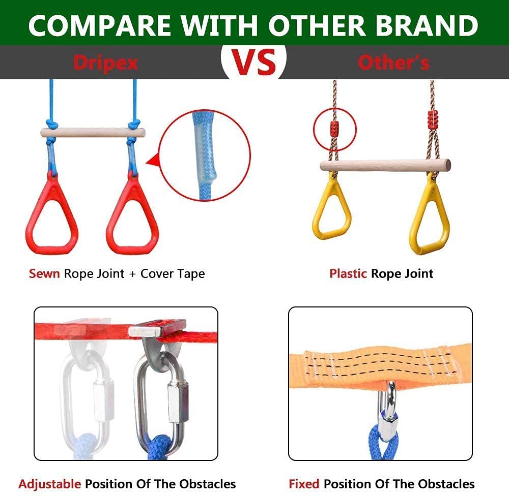 Ninja Warrior Obstacle Course for Kids Backyard - 2×50ft Slackline Kit with 10 Most Complete Accessories for Boys & Girls, Swing, Rope Ladder, Gymnastic Ring, Climbing Net, Arm Trainer and Monkey Fist