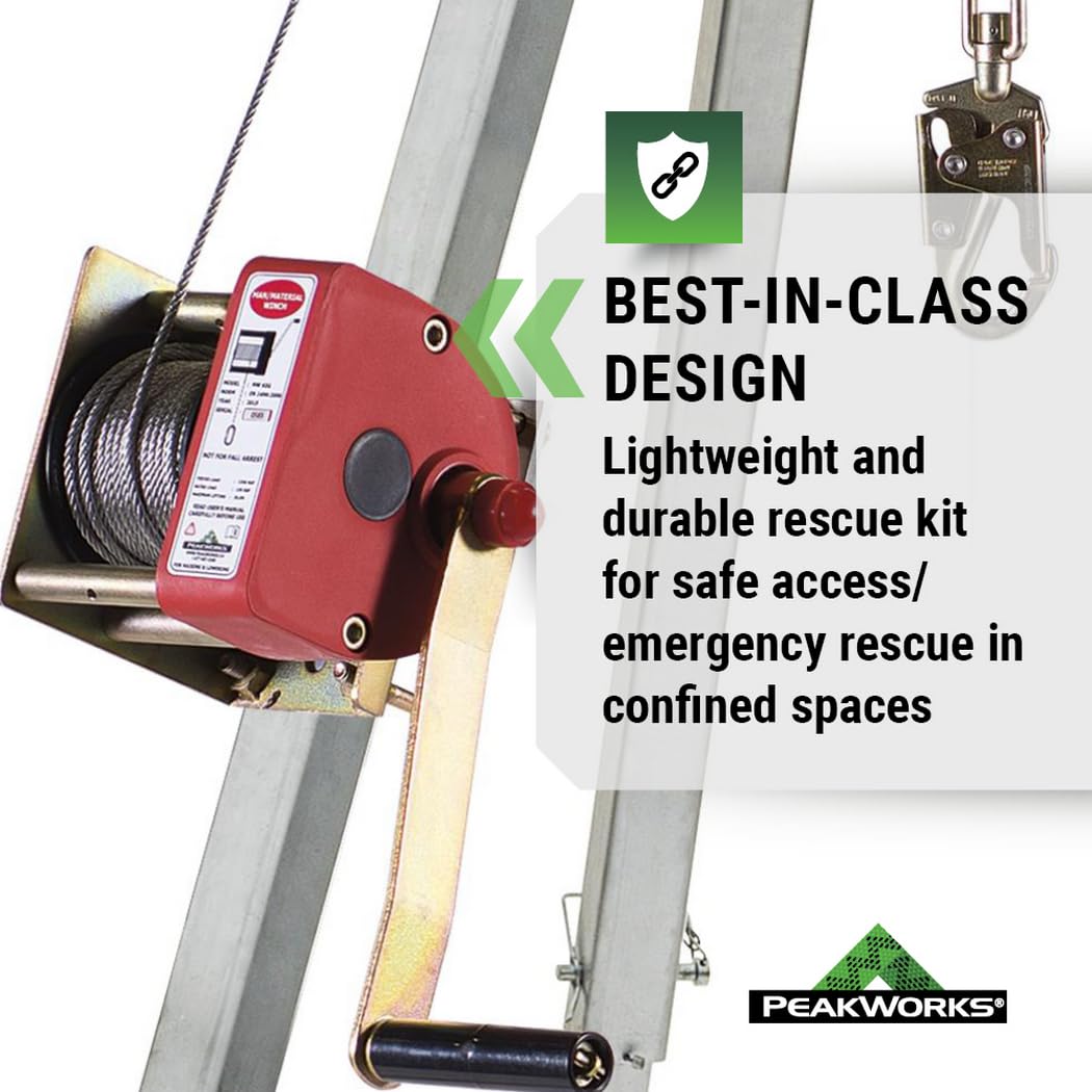 Peakworks Confined Space Kit - For Safe Access & Rescue - Includes Tripod, Man Winch & Bag - OSHA & ANSI Compliant Fall Protection - 65 ft Cable