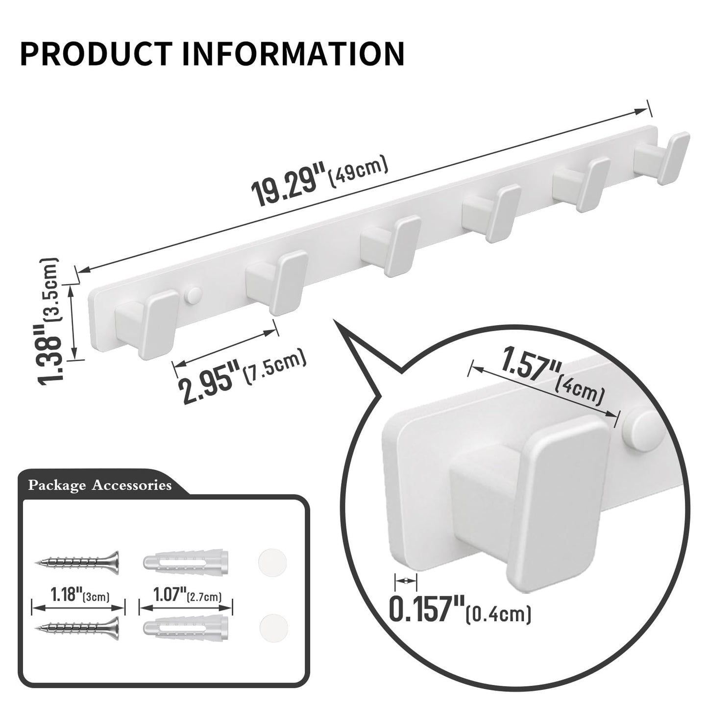 Coat Hook Wall Rack Hanger - White Coat Rack with 6 Hooks Wall Hooks for Hanging Hat Key Bag Towel Wall Mount Coat Holder