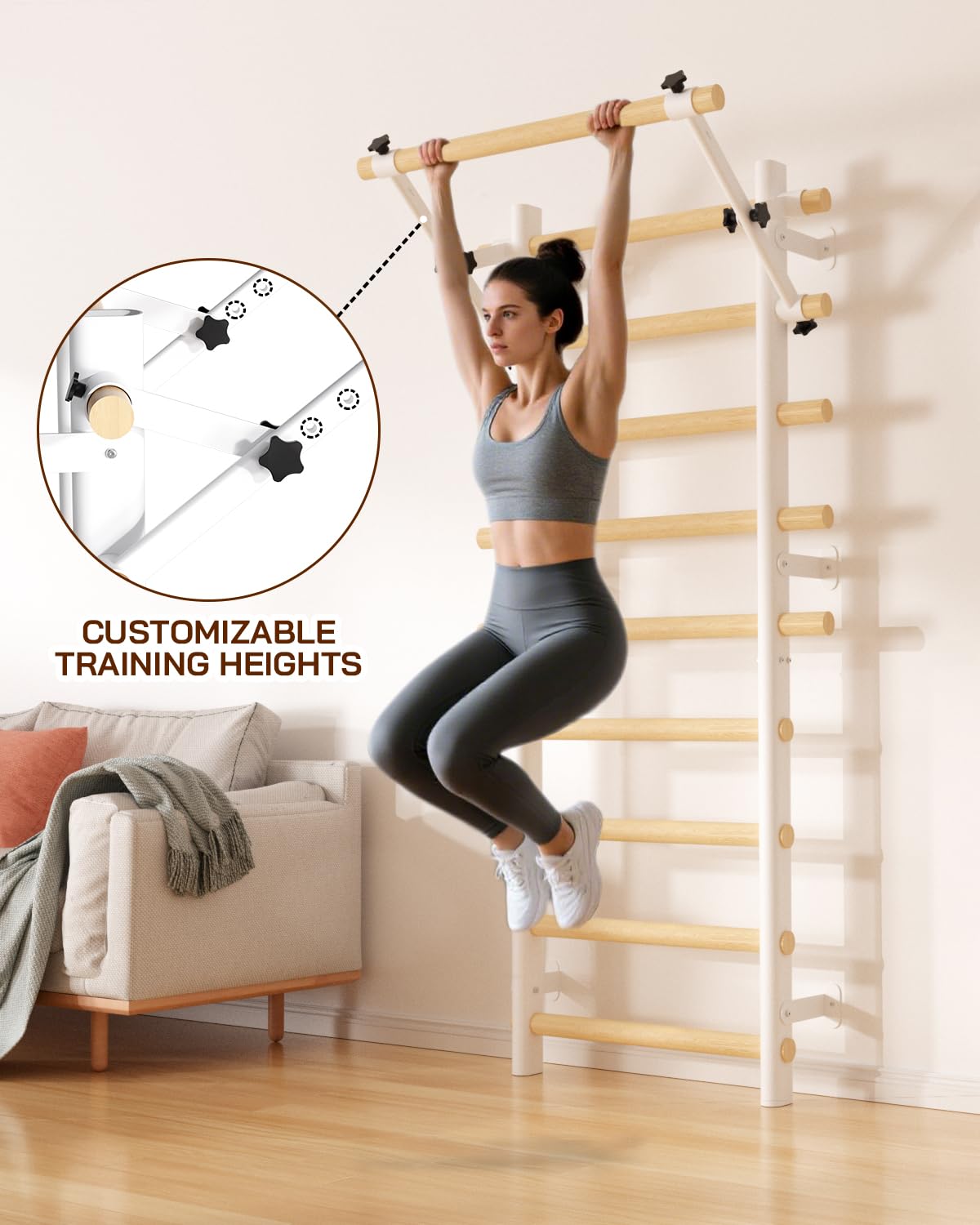 Cofiyard Swedish Ladder Wall Gym, Wooden Wall-Mounted Stall Bars with Pull-up Bar & Exercise Straps & Dip Bars, Stretching Ladder Full Body Home Gym Adults New, White