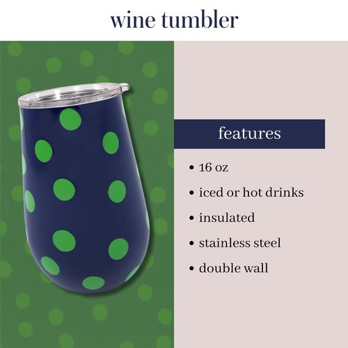 kate spade new york Insulated Stainless Steel Wine Tumbler, 16 Ounce Double Wall Tumbler, Blue Stemless Travel Cup with Lid, Sonnet Dot