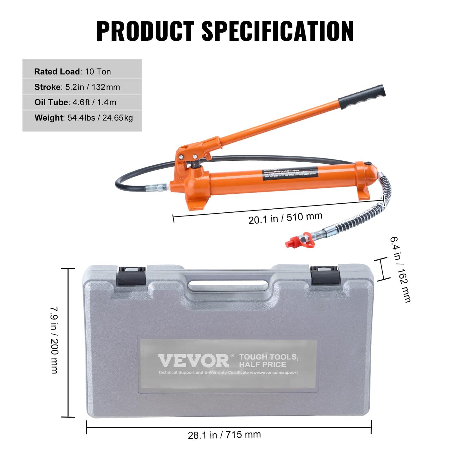 VEVOR Porta Power Kit, 10 Ton Load, Portable Hydraulic Jack with 4.6 ft Extended Oil Hose, Long Handle Design, Auto Body Frame Repair Kit with Portable Storage Case for Car Repair, Truck, Farm