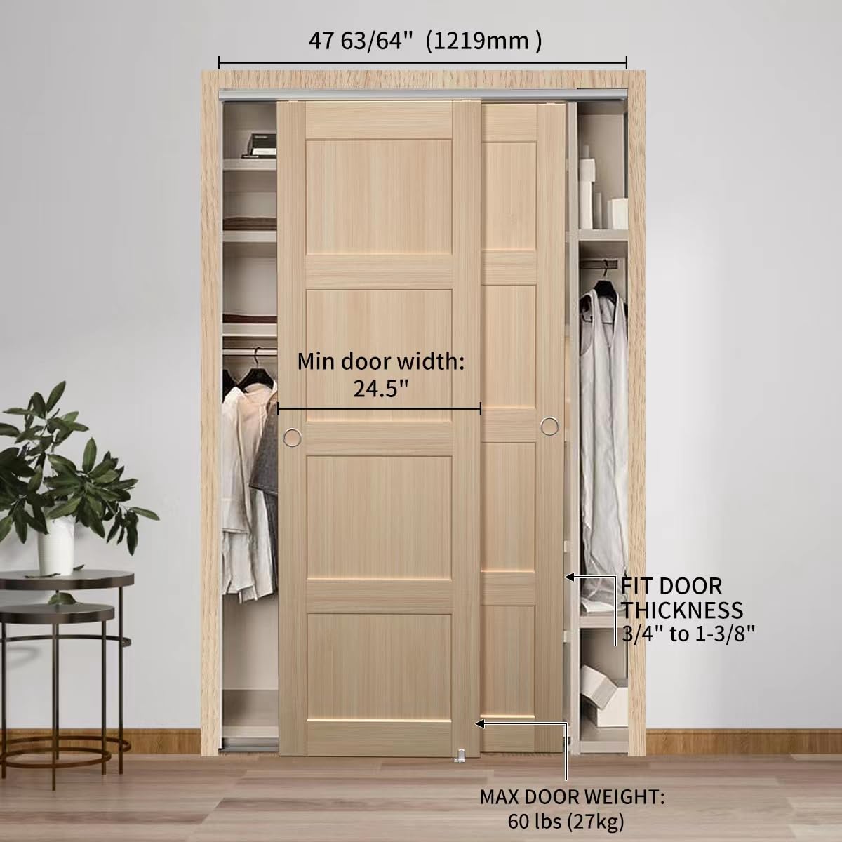 SongYung Bypass Sliding Door Hardware 48", Bypass Wardrobe Closet Door Track Set, Smoothly and Quietly, for 2 Door System