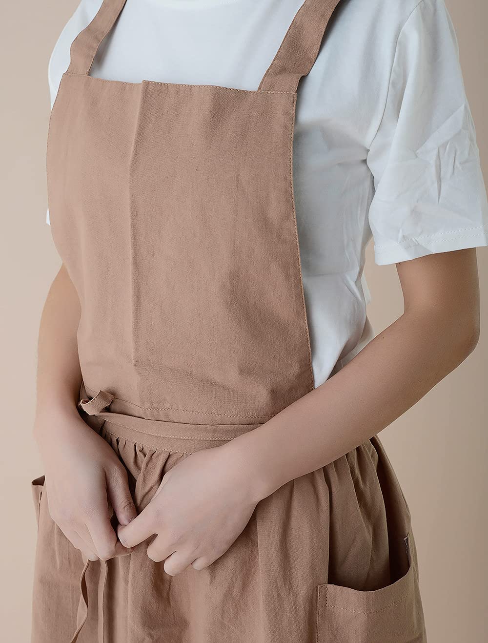 VLZUFE Women Cotton Linen Cross Back Apron with Pockets for Gardening Works Pinafore Dress