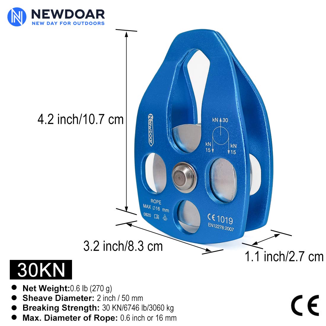 NewDoar 30KN CE Certified Large Rescue Pulley Single Sheave with Swing Plate for Outdoor Mountaineering Rock Climbing Rescue(Blue 1pcs)