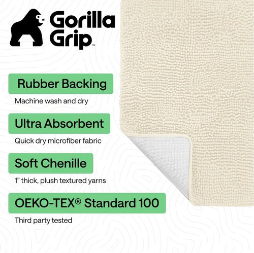 Gorilla Grip Bath Rug Mat - Thick Soft Absorbent Chenille | Quick Dry Microfiber, 24x17, Ivory
