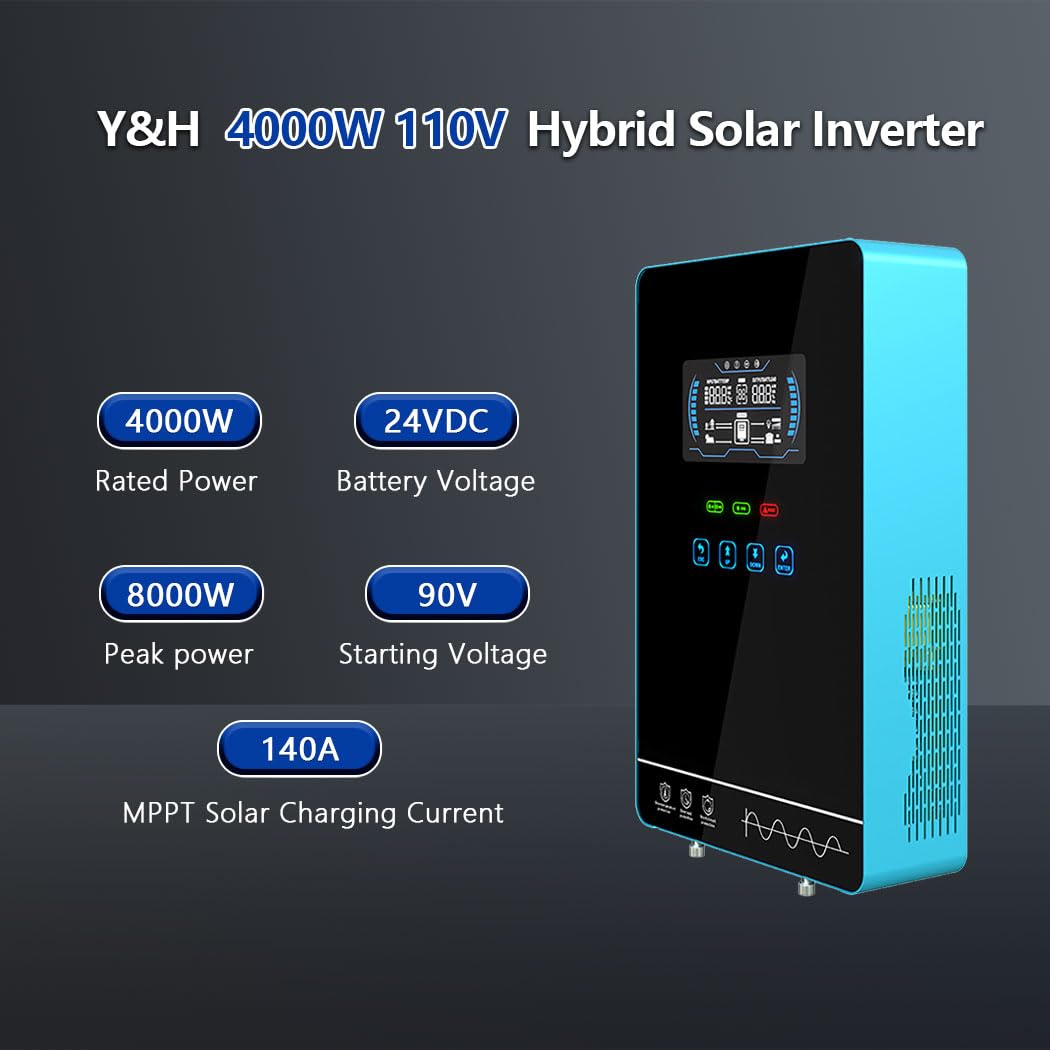 Y&H 4000W Hybrid Solar Inverter DC24V 120VAC Pure Sine Wave Output Battery-Free Starting, Built-in 140A MPPT Charger, 6.25" Touch LCD, UPS/Line/Battery Mode, for Off-Grid Home/RV/Energy Storage System