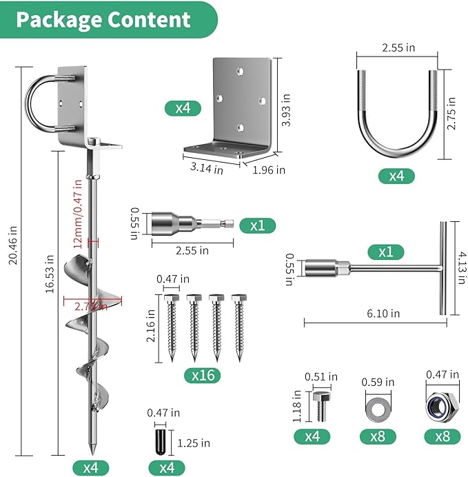 Phopich Multi-Purpose Ground Anchors Screw in, 16in 4Pack Fully Welded Heavy Duty Trampoline Stakes with Brackets, T-Wrench and Adapter for Drill, Earth Anchor kit for Mobile Home, Trampoline, Shed