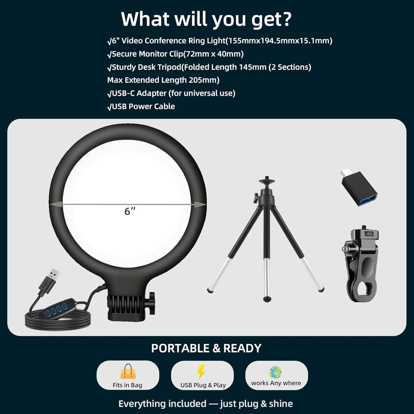Yolulaya 6in Dimmable 3200K-6500K Computer Video Conference Lighting for Zoom: Ring Light with Monitor Clip & Desk