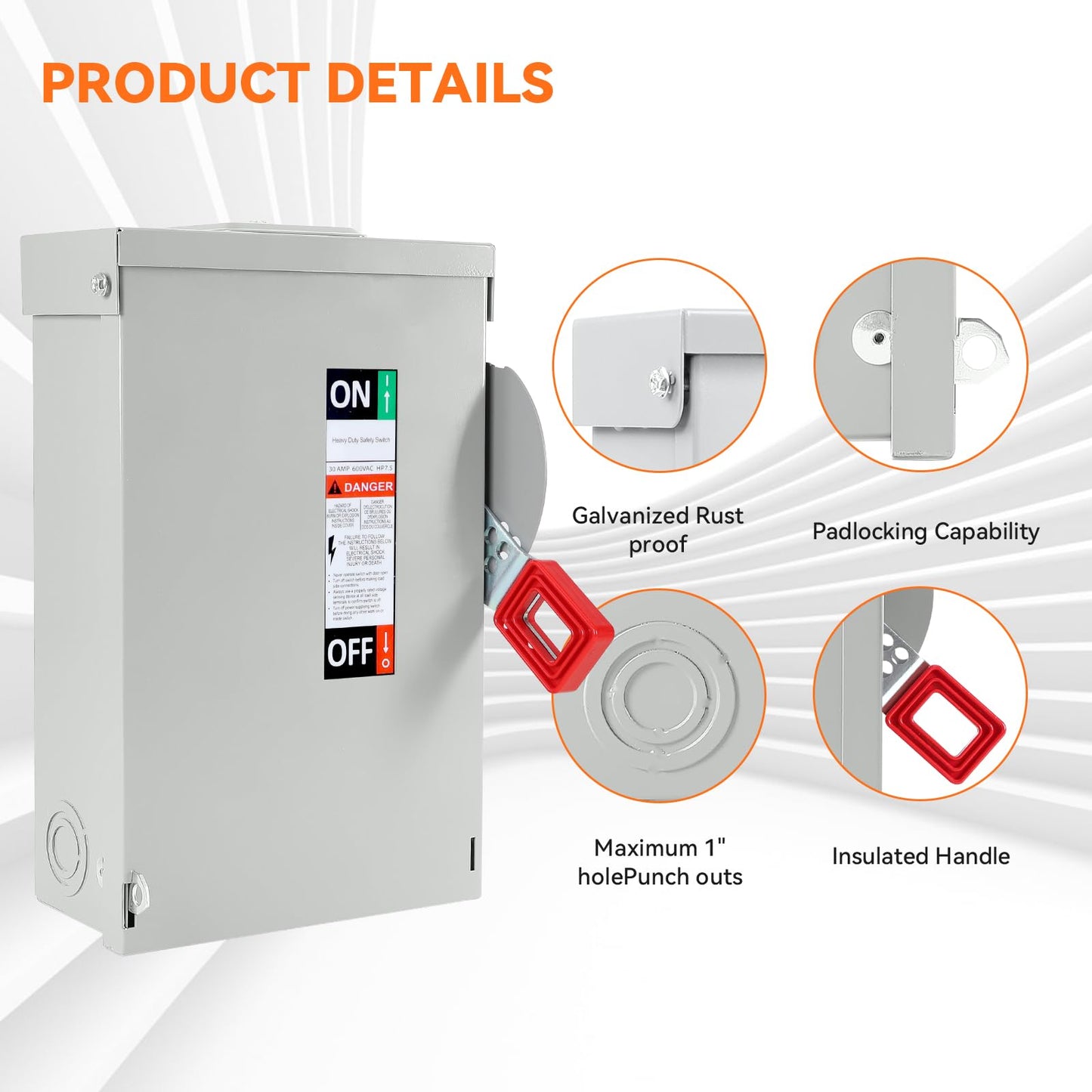 30 Amp Disconnect Switch, Fusible, 3 Pole 600 Volt, with Interlock Mechanism, Anti Corrosion and Rust Prevention, NEMA 3R Enclosure for Indoor&Outdoor, 10-Year Warrnaty, 30 Amp Disconnect Box