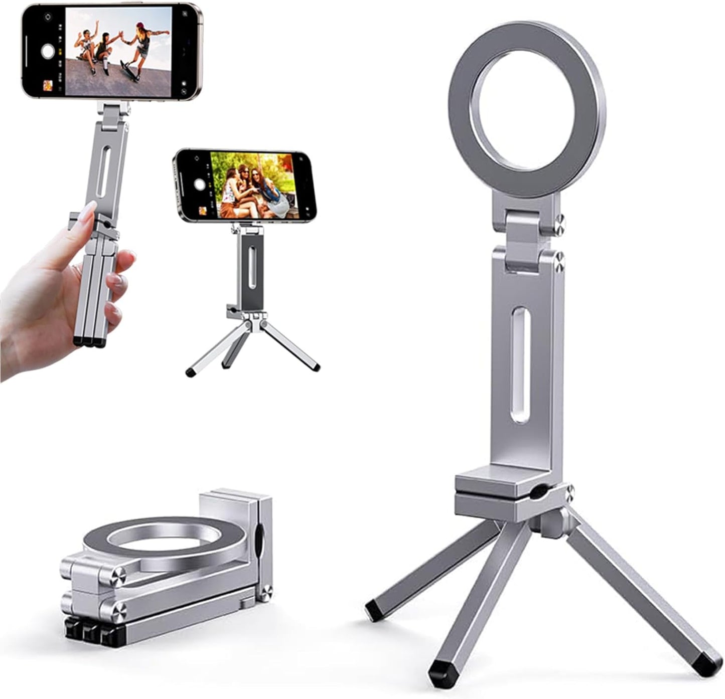 CBDYWVR 17/16/15/14 360 1/4" 2 Magnetic Tripod for iPhone Pro Max Air, Aluminum Rotating Phone Stand with Magic Clip