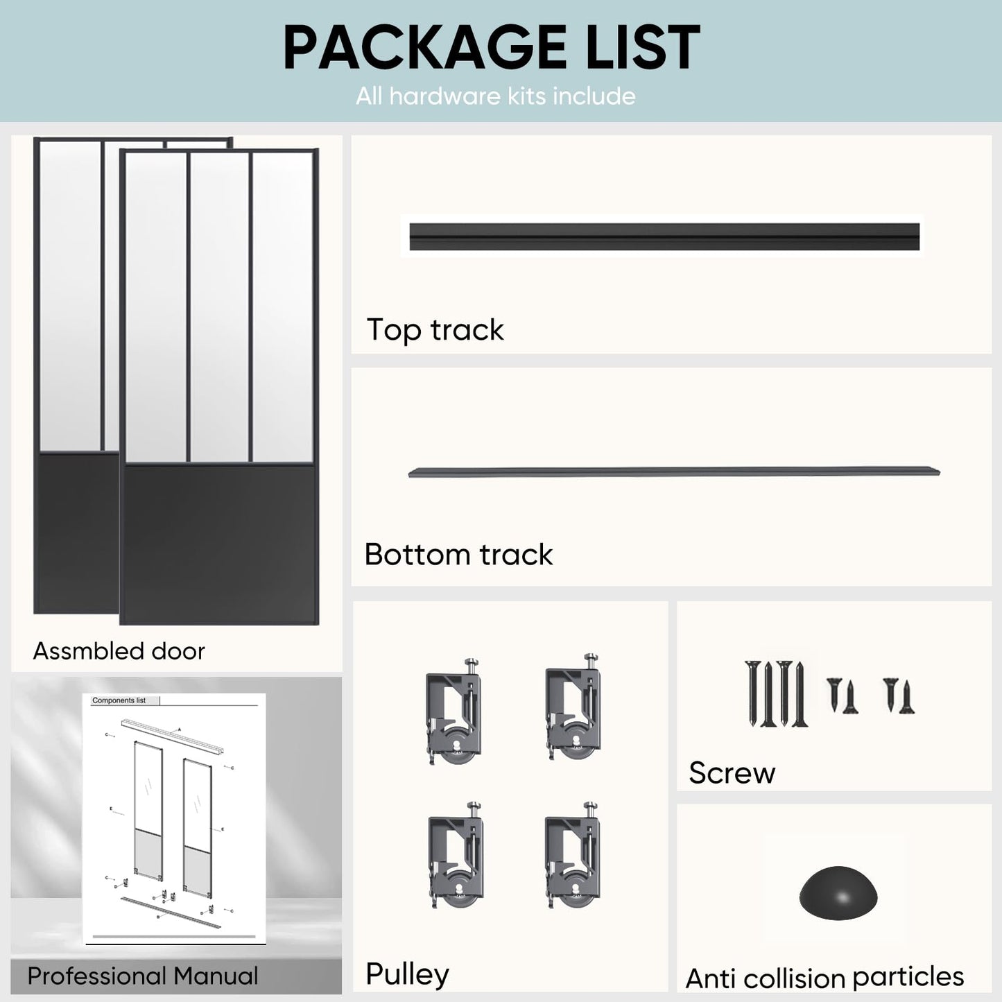JUBEST Sliding Closet Door 72 x 80", Black Farmhouse Sliding Door with Top & Bottom Track Kits, Preassembled Frosted Glass Bypass Closet Door, Easy to Install