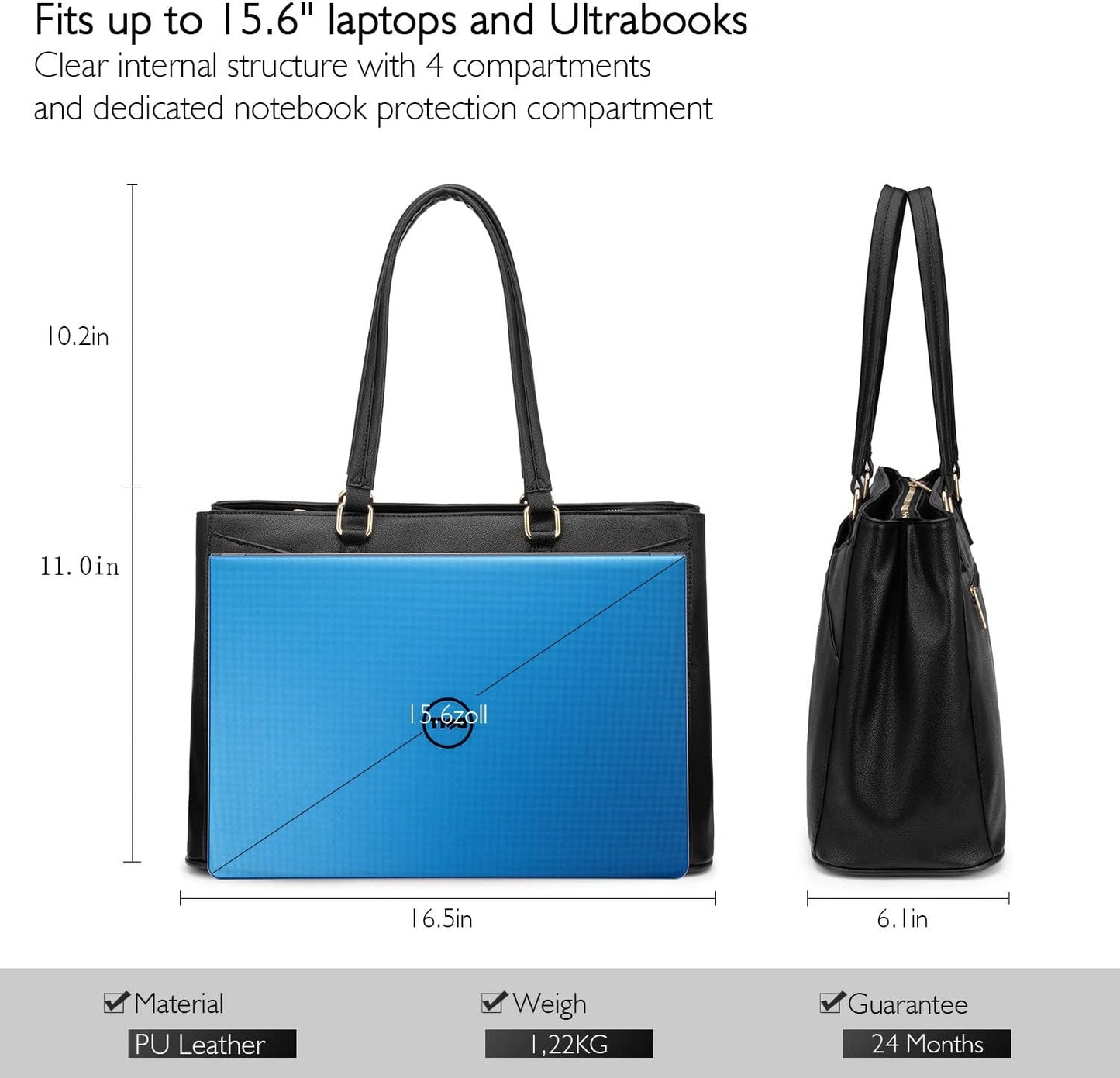 LOVEVOOK 15.6 Inch Laptop Tote Bag for Women Waterproof Leather Computer Bags Business Office Work Briefcase Black