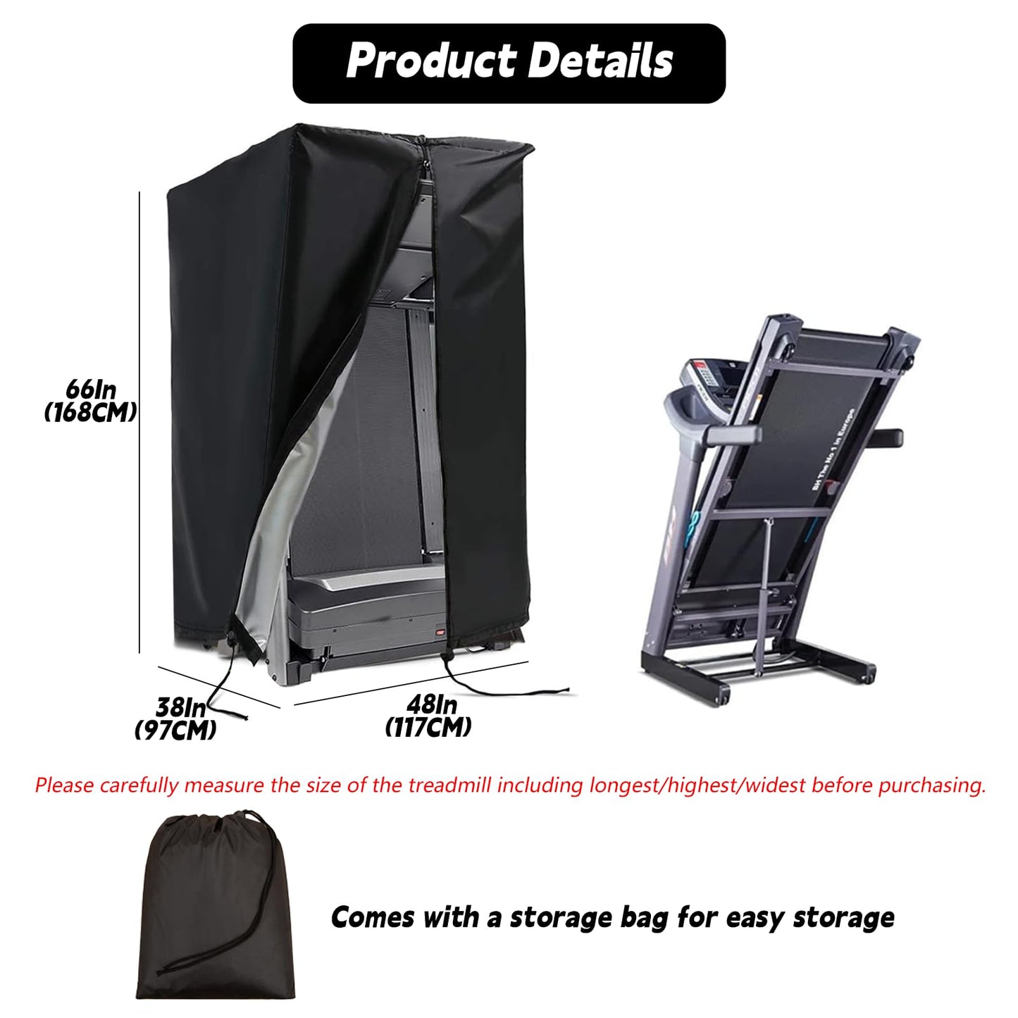 Treadmill Cover Waterproof Outdoor,46X38X66In,Gym Exercise Fitness Foldable Equipment Home Sunscreen Protective Accessories Storage Multifunctional Covers (Black, 46X38X66In)