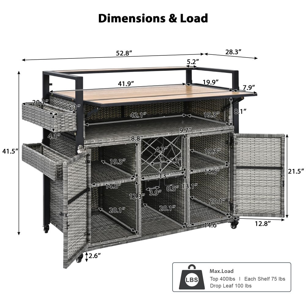 Dfchlda 52.8" Wicker Outdoor Grill Cart with Extended Plastic Wood Table Top, Rolling Kitchen Island with Storage Cabinet, Double Handle Design for Patio, Backyard, Garden, Poolside(Grey)