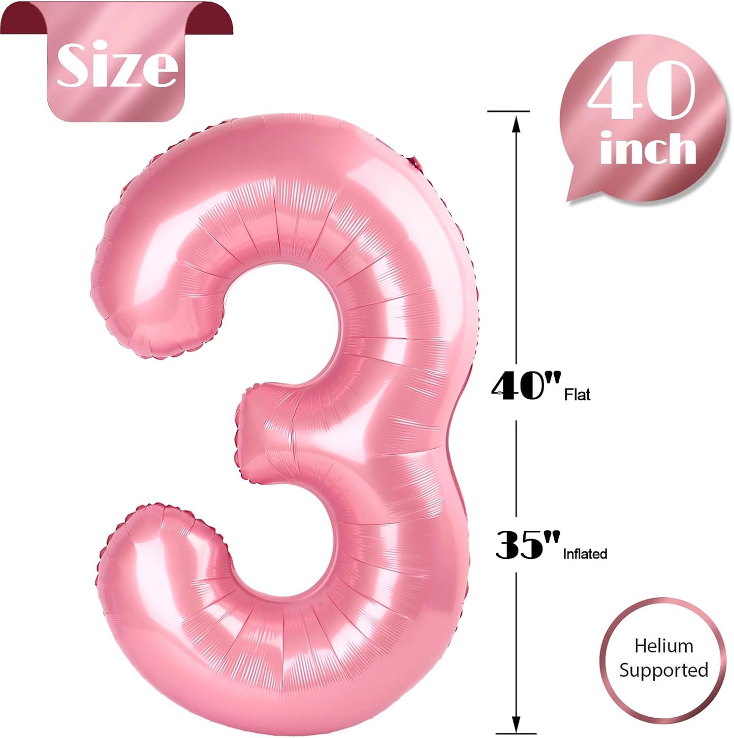 Pearlescent Pink Number 3 Balloon - 40 Inch Birthday Decoration for Girls & Women Parties
