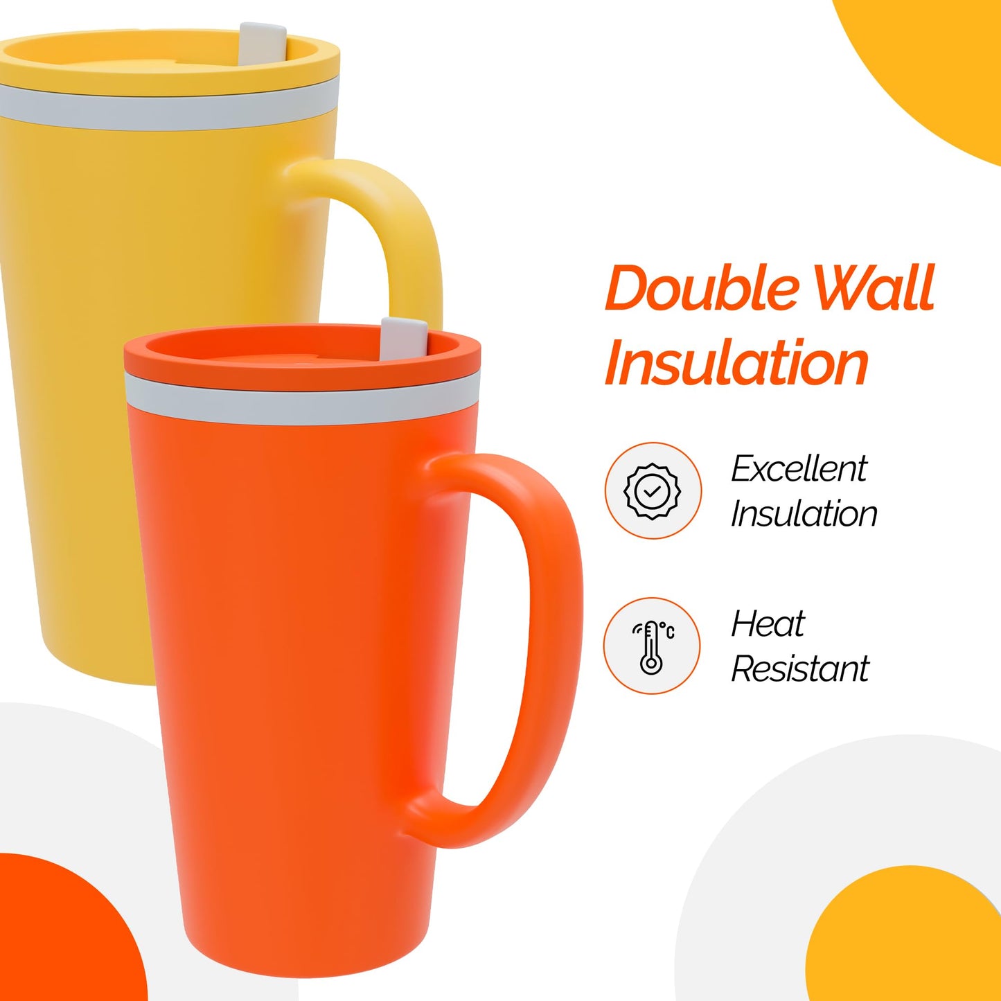 Copco Cone Desk Mug, 16 oz (Set of 2) - Double Wall Insulated Mugs with Handle, Reusable Tumbler Set with Twist-Off Spill Resistant Lid, BPA-Free, Microwave & Dishwasher Safe (Orange/Mustard)