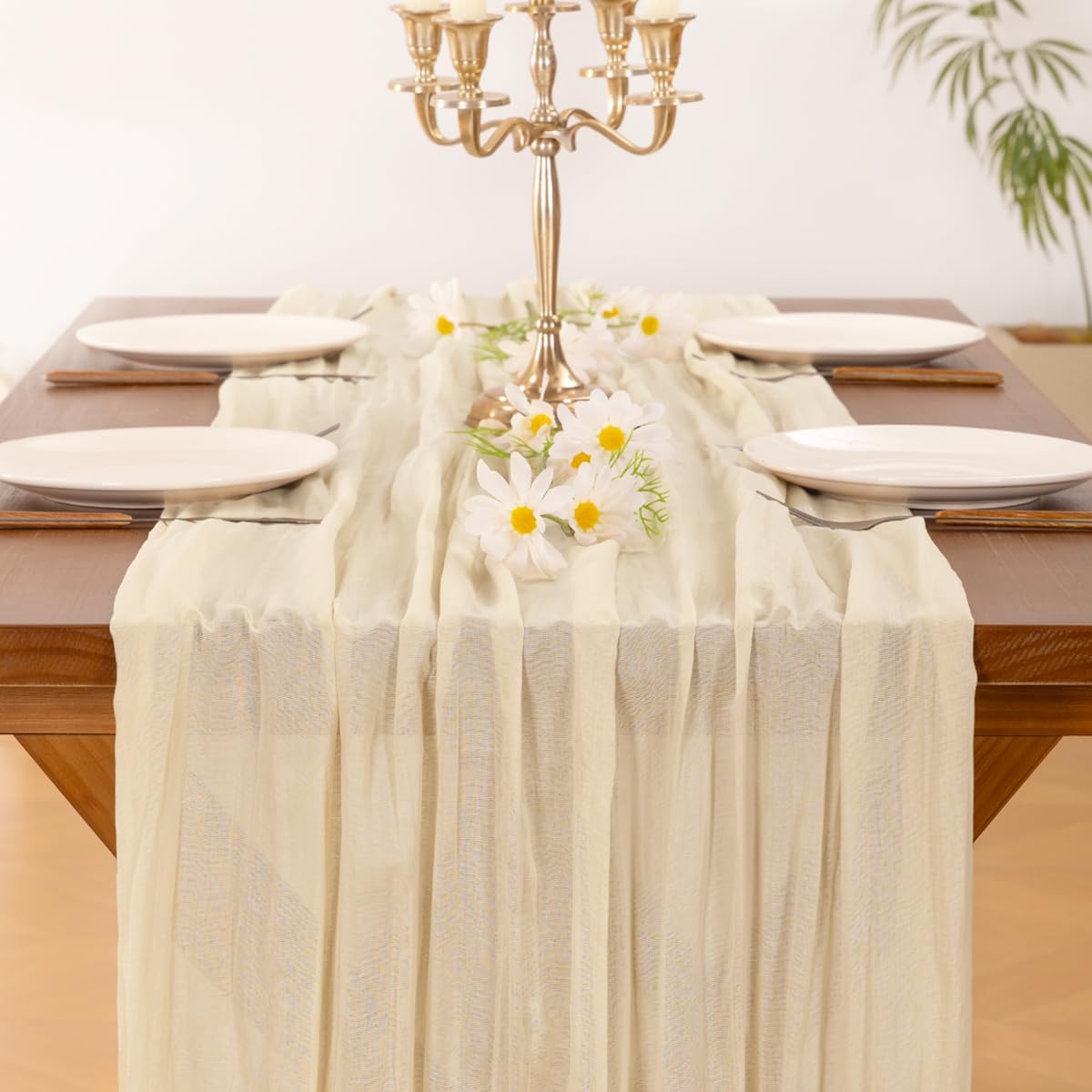 Socomi 3-Piece Beige Cheesecloth Table Runner - 120 Inch Boho Rustic Decor for Weddings & Events