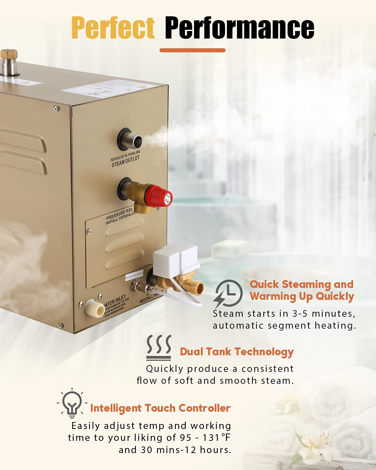 CGOLDENWALL 10.5KW Commercial Self-Draining Steam Generator Shower System Home Steam Bath Spa Generator 30 min to 12 Hours Auto Drain 95-131℉ for Suitable Space Heating 10.5 m³/371 Cubic feet (10.5KW)
