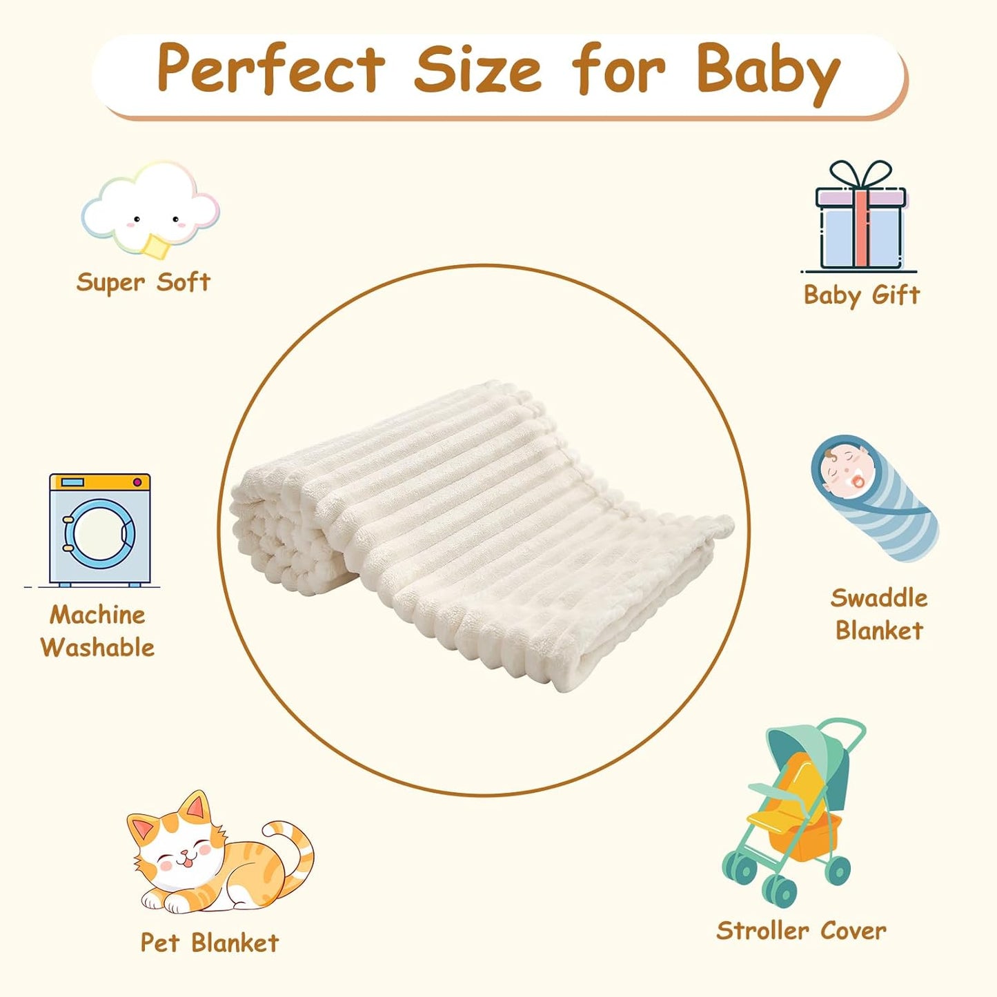 Skiennix Soft Fleece Baby Blanket - Ultra Cozy & Lightweight Reversible Stripes | 30x40 Inch, Cream