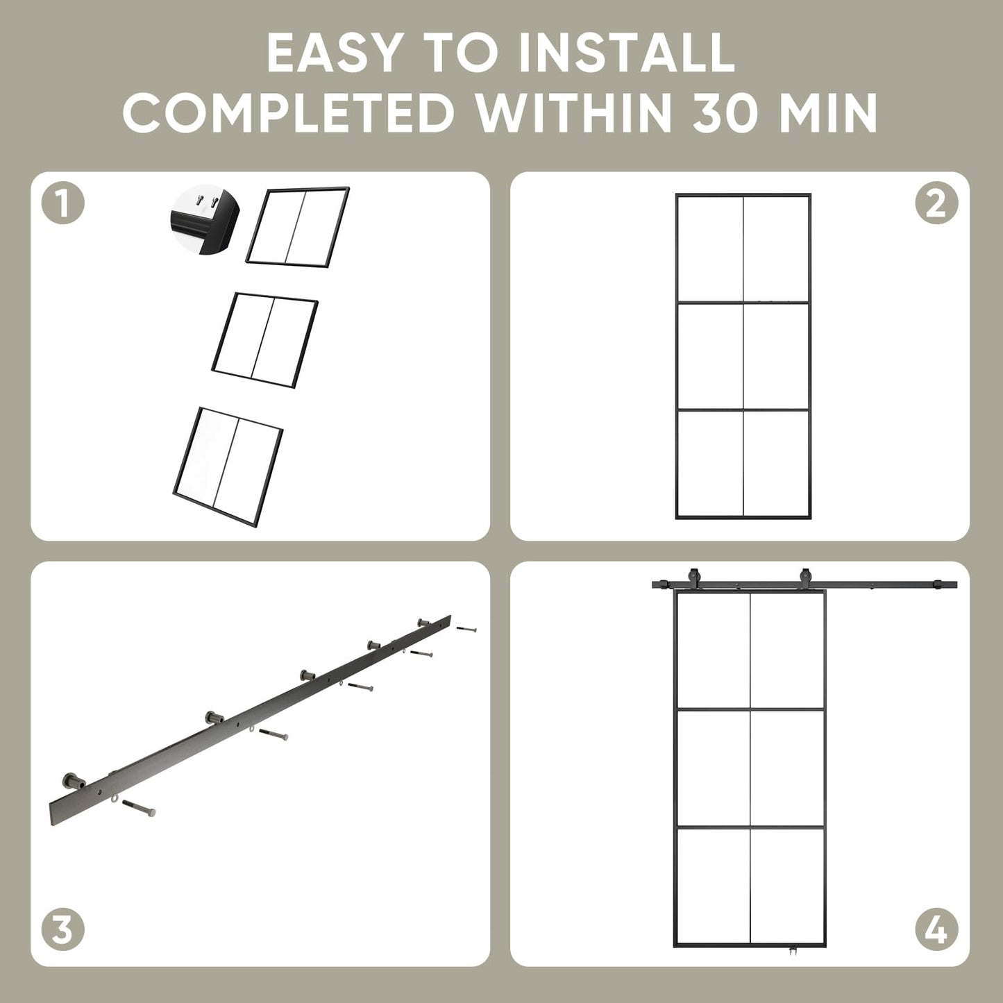 JUBEST 34in x 84in Glass Sliding Barn Door with 6ft Hardware kit, 3-Panel Black Aluminum Frame and Clear Tempered Glass Modern French Door, Easy to Install