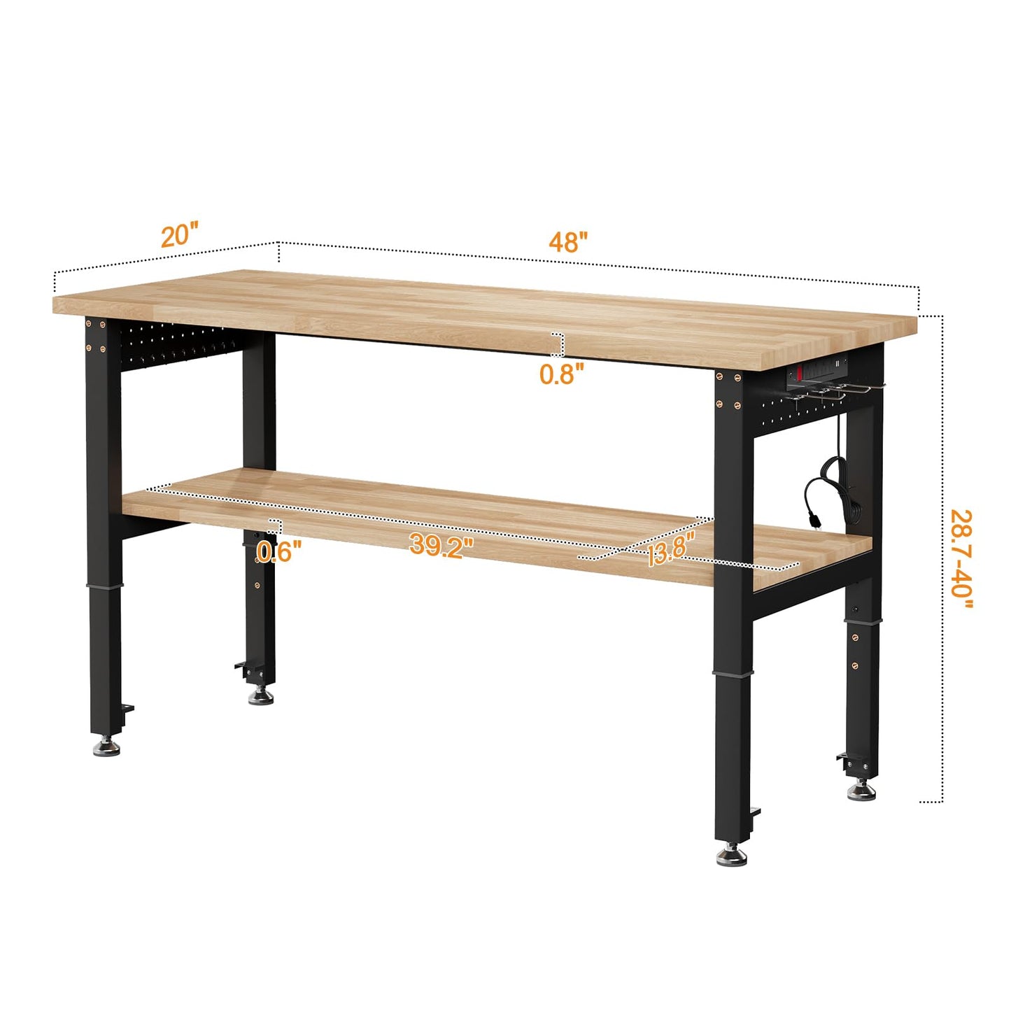 SPECRAFT 48"x20" 2-Tier Adjustable Workbench with 4 AC Outlet and 2 USB Ports Power Outlets, 2500 Lbs Capacity Heavy Duty Workbench, Rubber Wood Top for Garage, Workshop, Office