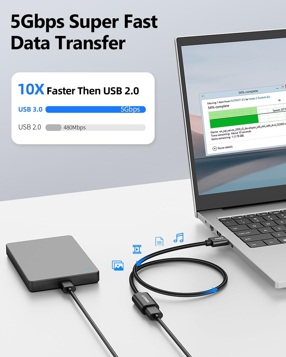 SUNGUY 10FT USB3.0 5Gbps USB Extension Cable, Long Extension Cable Fast Data Transfer, Type A Male to A Female USB