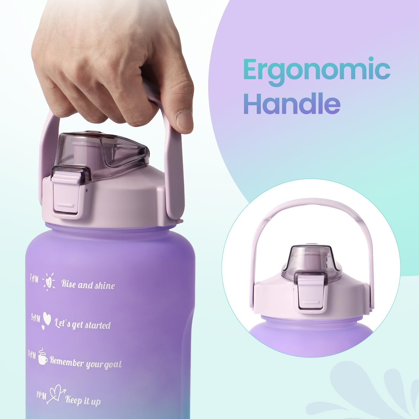 Binudum 64 oz Water Bottle with Straw Time Marker Half Gallon Reusable Water Bottle for Gym Fitness and Outdoor Sports (Purple Cyan)